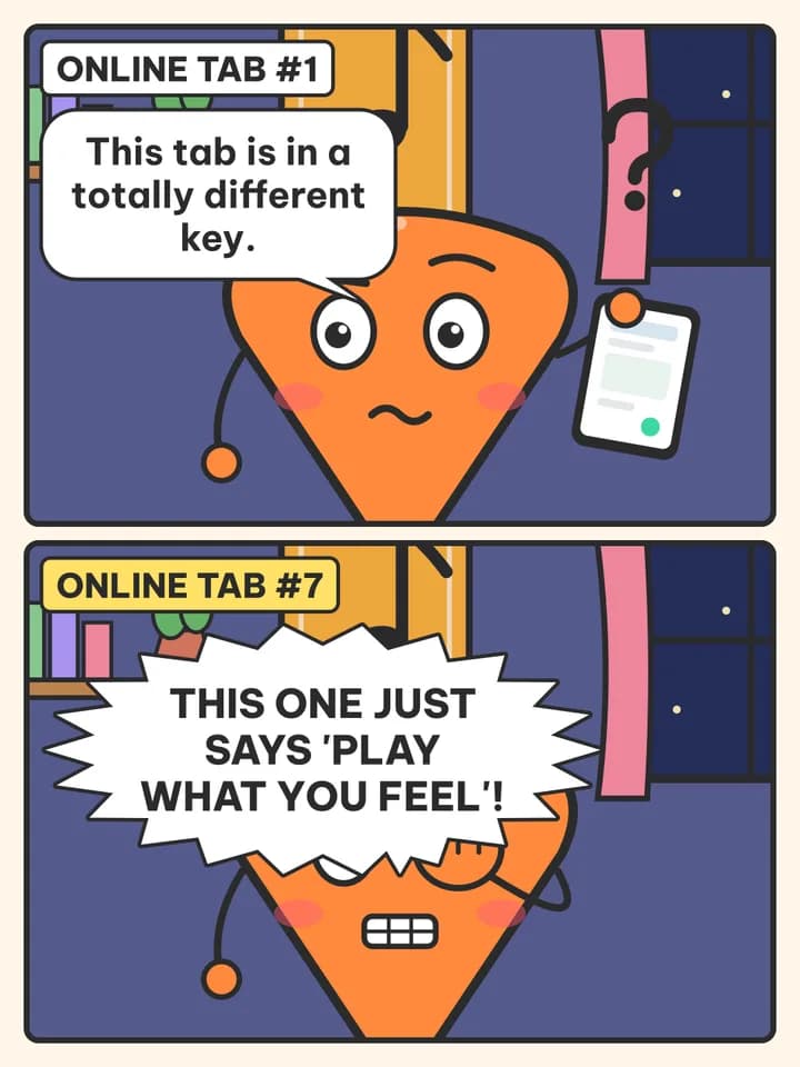 Before / after comic, slide 2: Online tab #1 / This tab is in a totally different key. / Online tab #7 / This one just says 'play what you feel'!