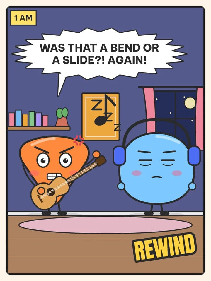 4-panel comic comic, slide 2: 1 AM / Was that a bend or a slide?! AGAIN! / REWIND