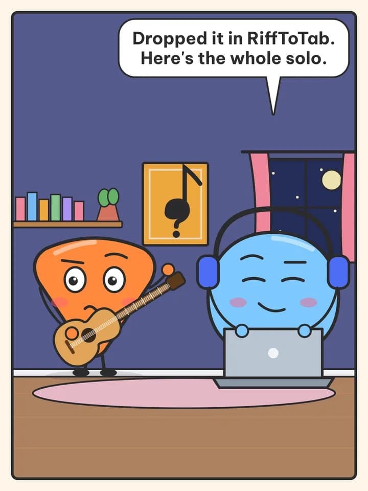 4-panel comic comic, slide 3: Dropped it in RiffToTab. Here's the whole solo.