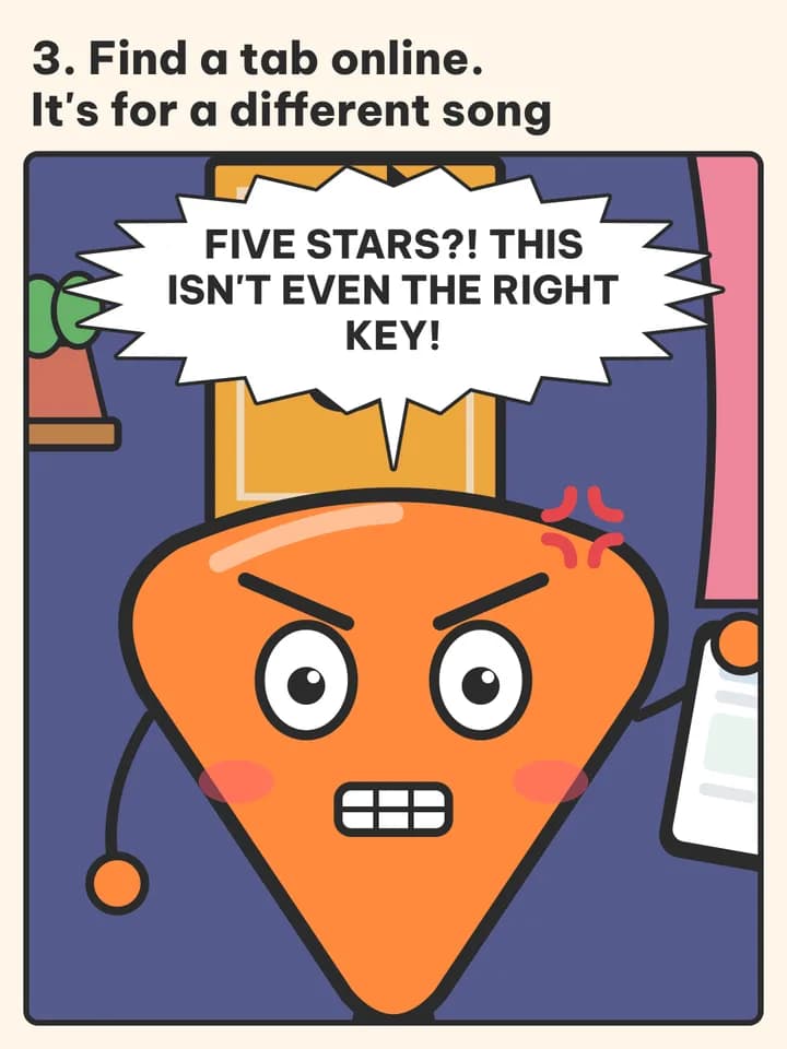 Mascot list comic, slide 4: 3. Find a tab online. It's for a different song / Five stars?! This isn't even the right key!