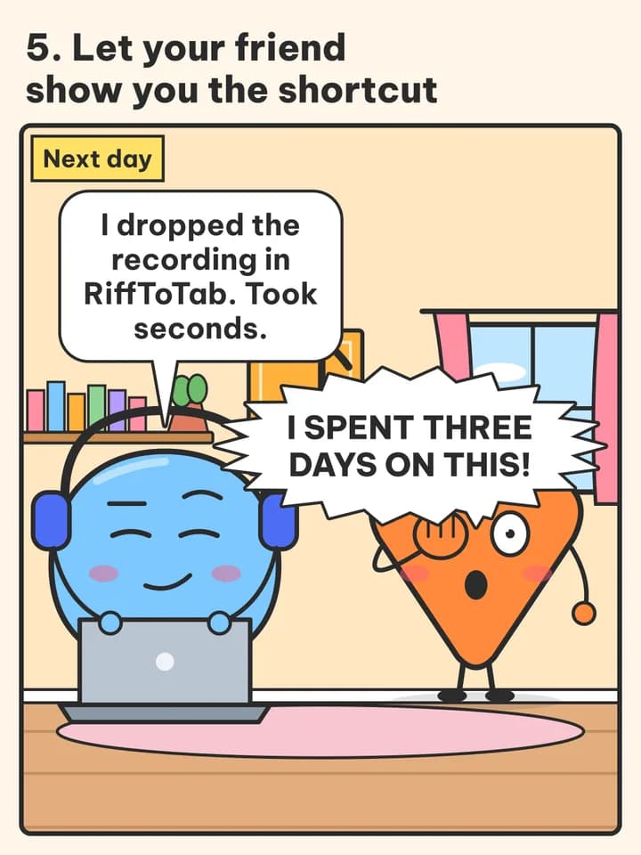 Mascot list comic, slide 6: 5. Let your friend show you the shortcut / Next day / I dropped the recording in RiffToTab. Took seconds. / I spent three DAYS on this!