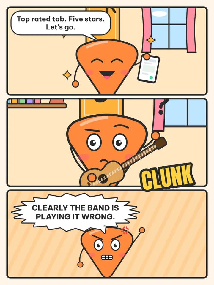Meme strip comic, slide 2: Top rated tab. Five stars. Let's go. / CLUNK / Clearly the band is playing it wrong.