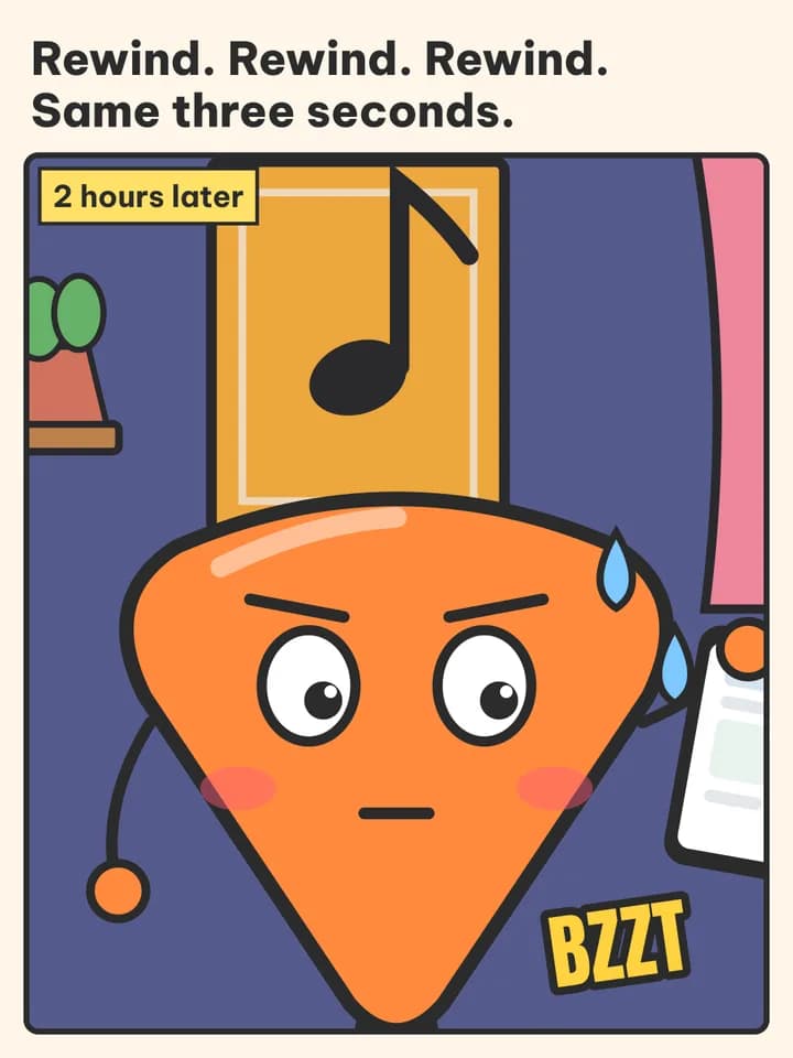 POV story comic, slide 2: Rewind. Rewind. Rewind. Same three seconds. / 2 hours later / BZZT
