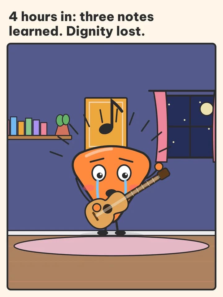 POV story comic, slide 4: 4 hours in: three notes learned. Dignity lost.