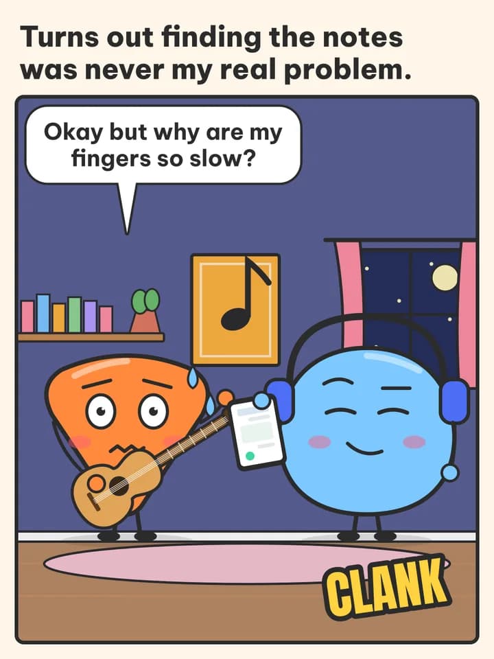 POV story comic, slide 7: Turns out finding the notes was never my real problem. / Okay but why are my fingers so slow? / CLANK