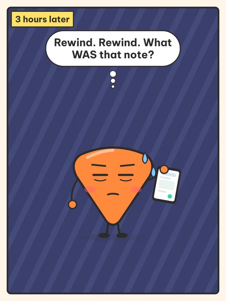 Story in parts comic, slide 2: 3 hours later / Rewind. Rewind. What WAS that note?