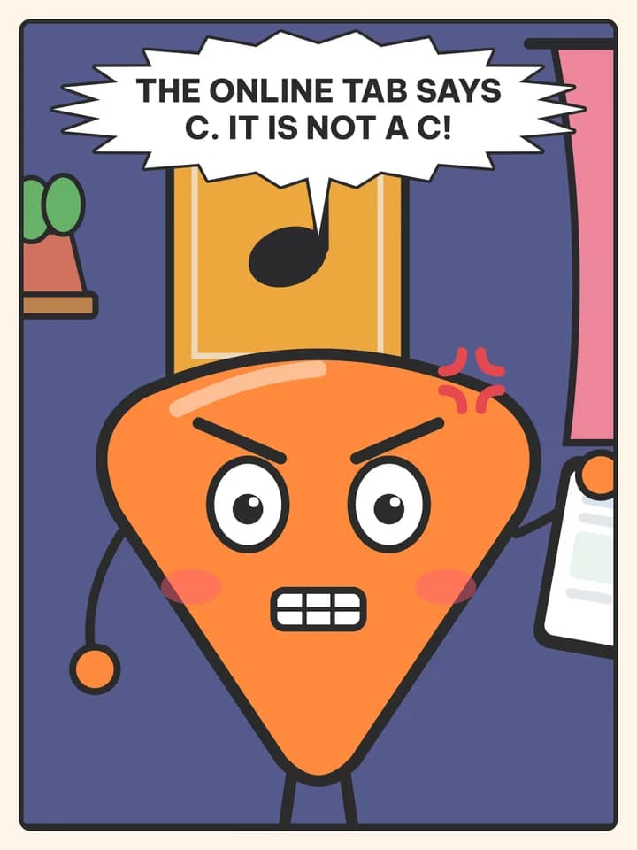 Story in parts comic, slide 3: The online tab says C. It is NOT a C!