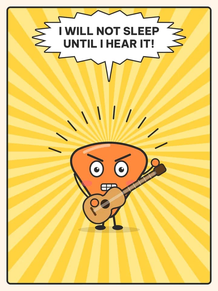 Story in parts comic, slide 5: I will not sleep until I hear it!