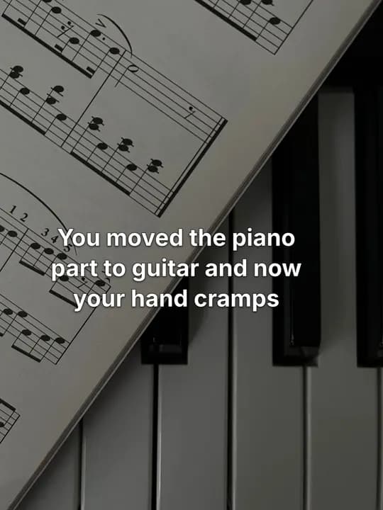 Slide 1 of a RiffToTab post: You moved the piano part to guitar and now your hand cramps.
