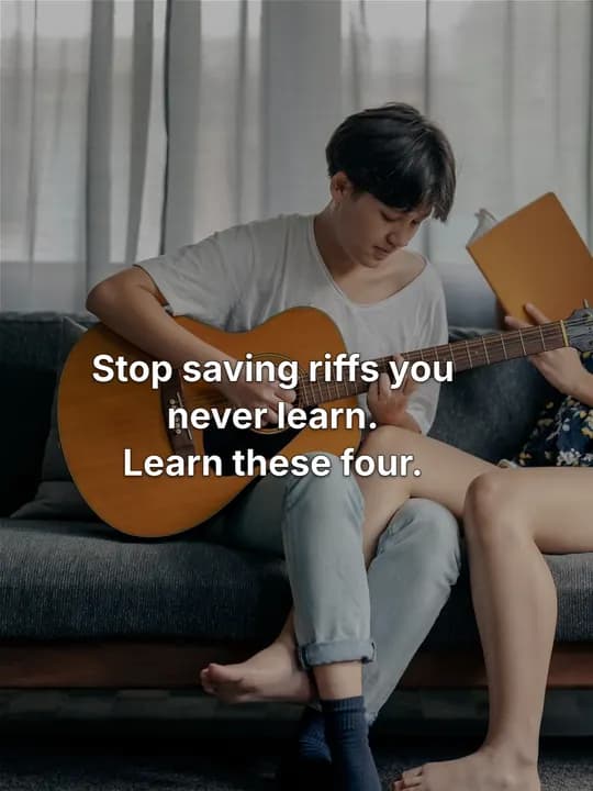 Slide 1 of a Tabtify post: Stop saving riffs you never learn. Learn these four.
